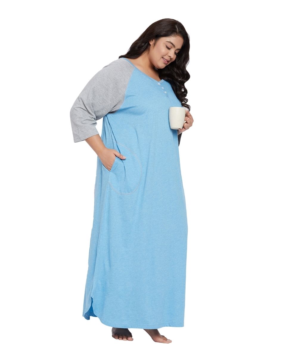 Long Sleeve Casual Sky Blue Melange Dress With Pockets For Women