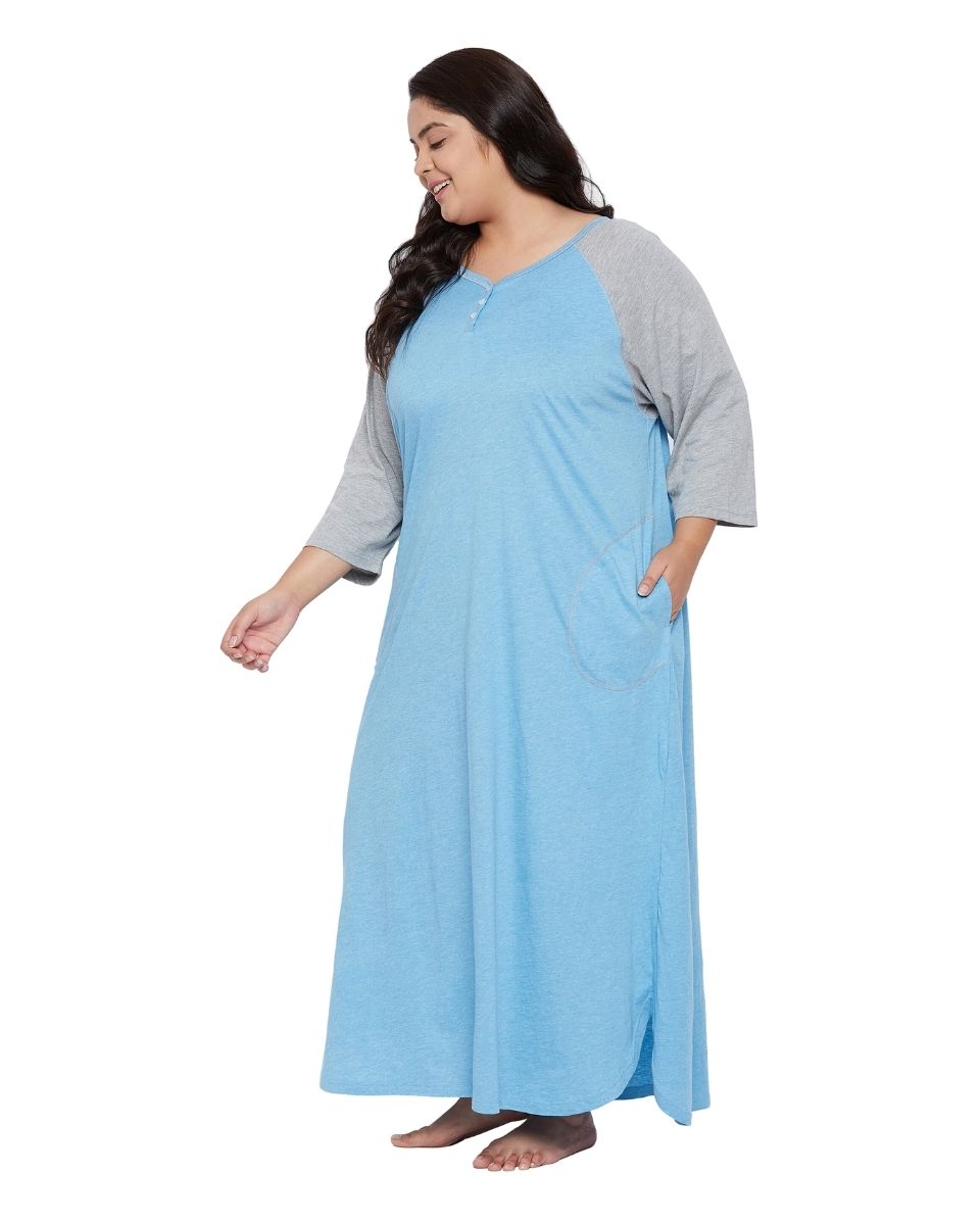 Long Sleeve Casual Sky Blue Melange Dress With Pockets For Women