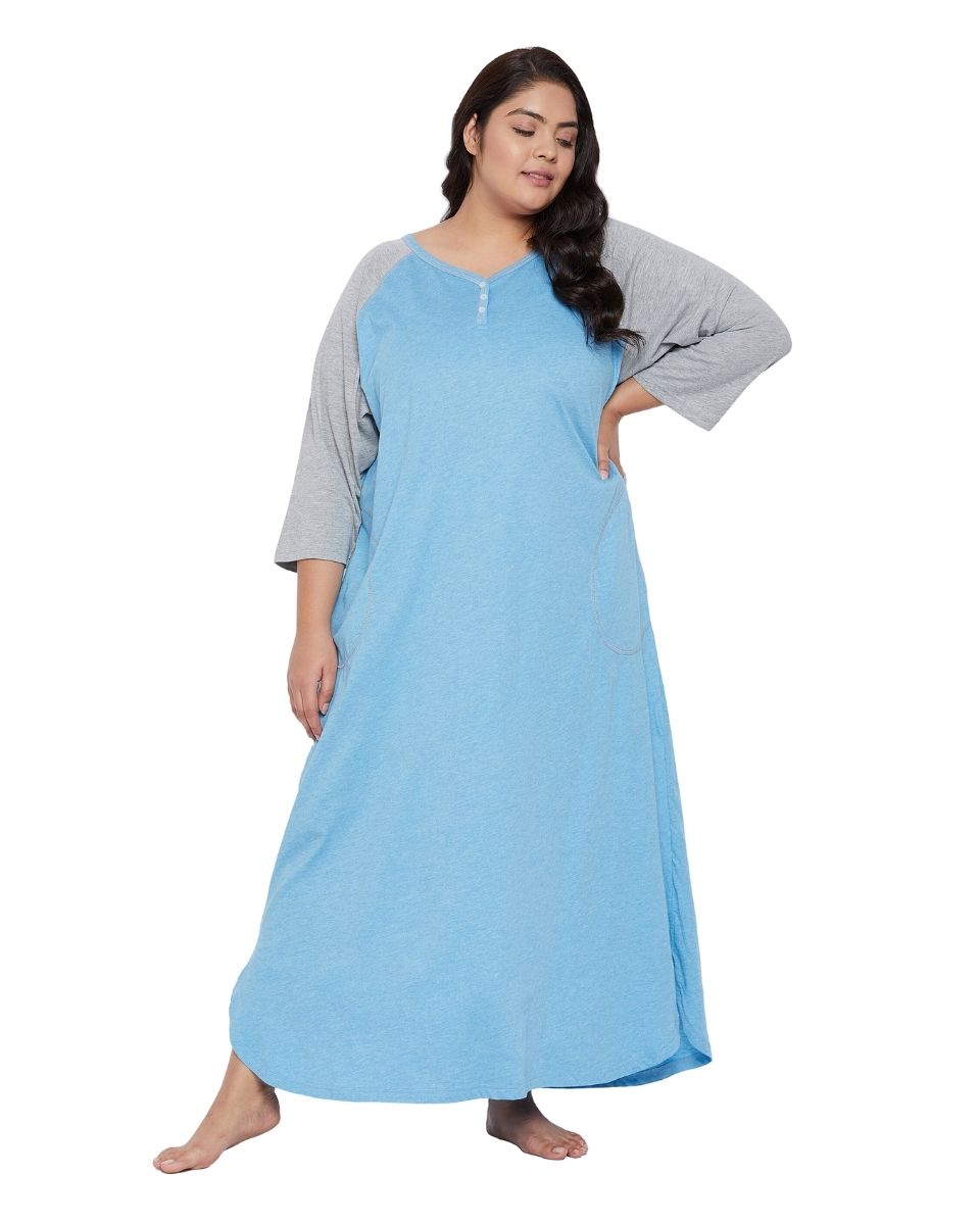 Long Sleeve Casual Sky Blue Melange Dress With Pockets For Women