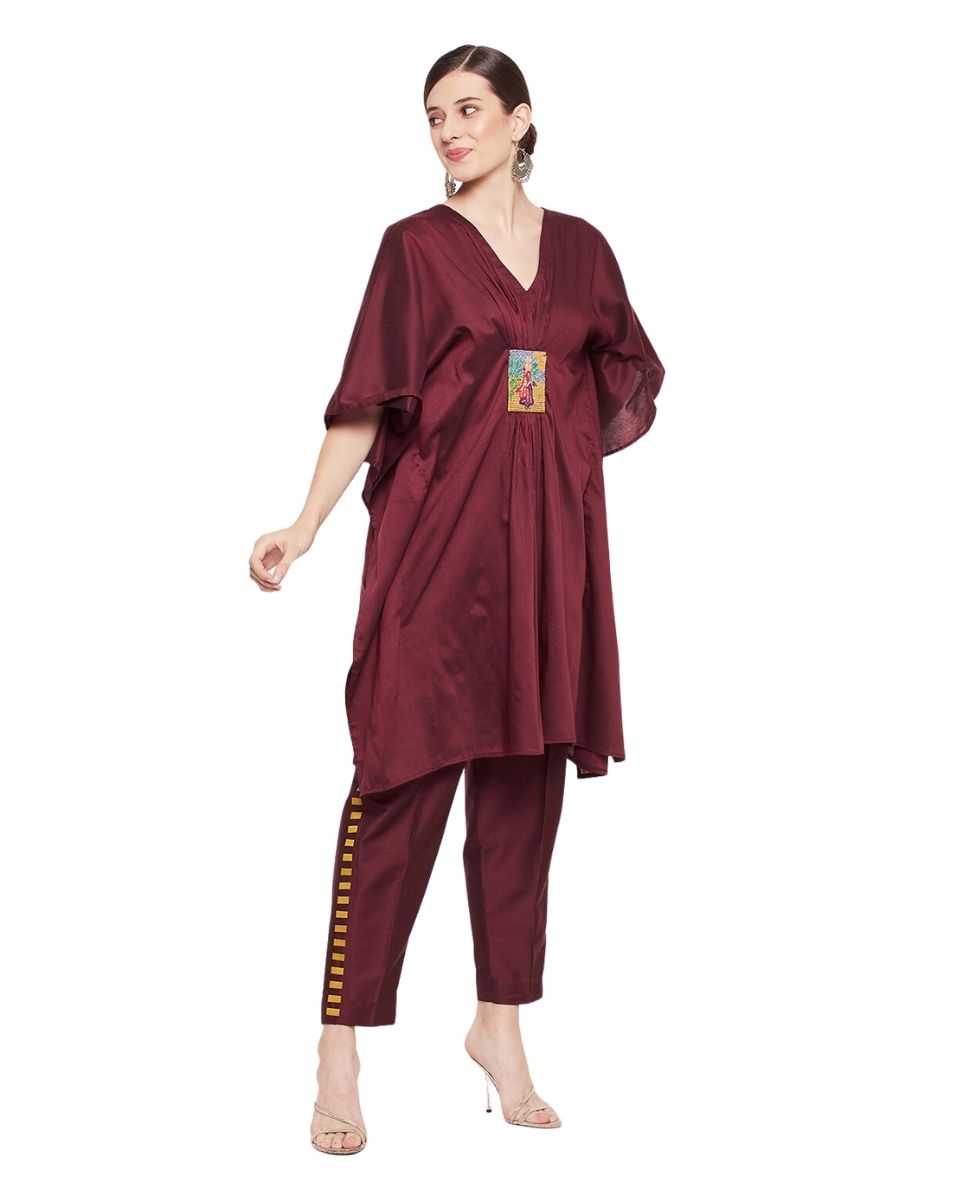 Embroidered Jester Red Cotton Silk Dress for Women