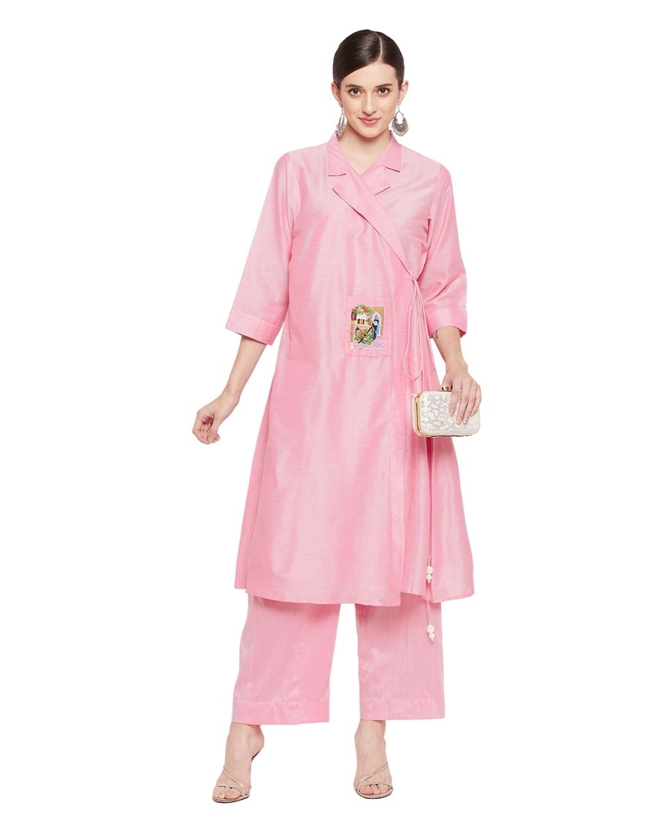 Embroidered Pink Cotton Silk Dress for Women