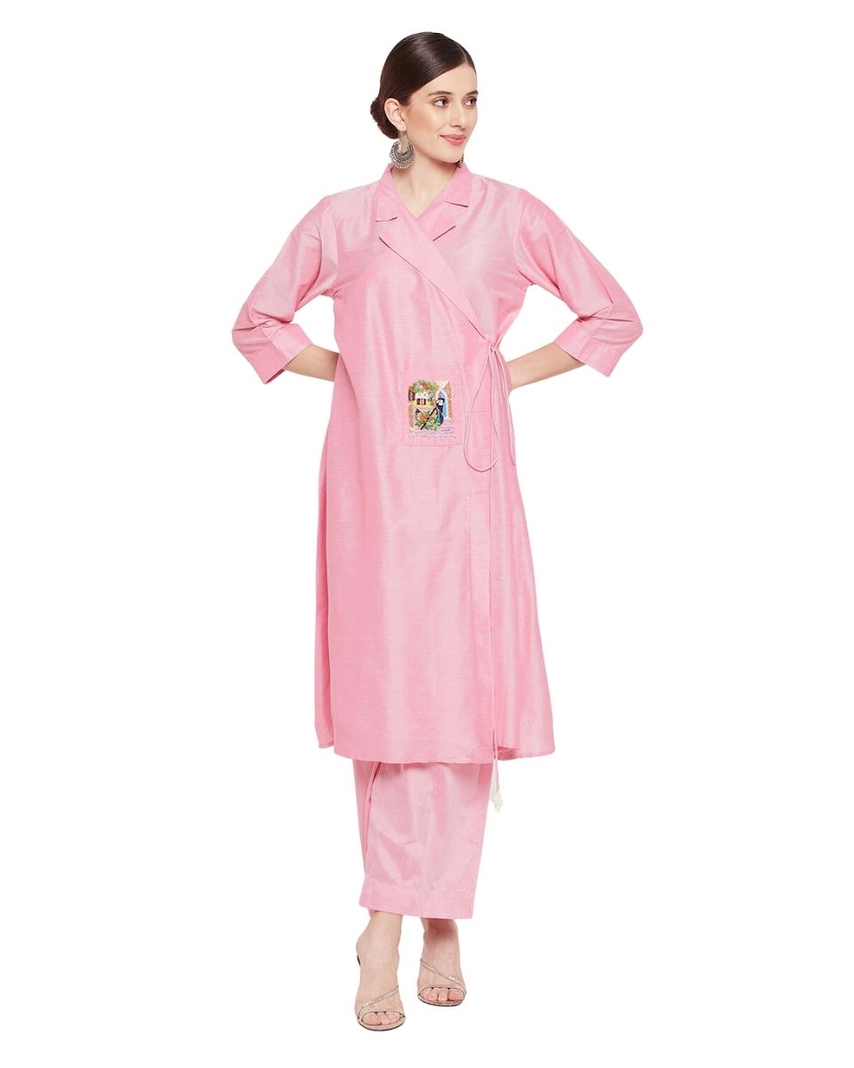 Embroidered Pink Cotton Silk Dress for Women
