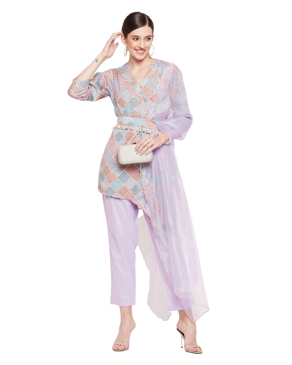 Block Printed Lavender Chinon Dress for Women