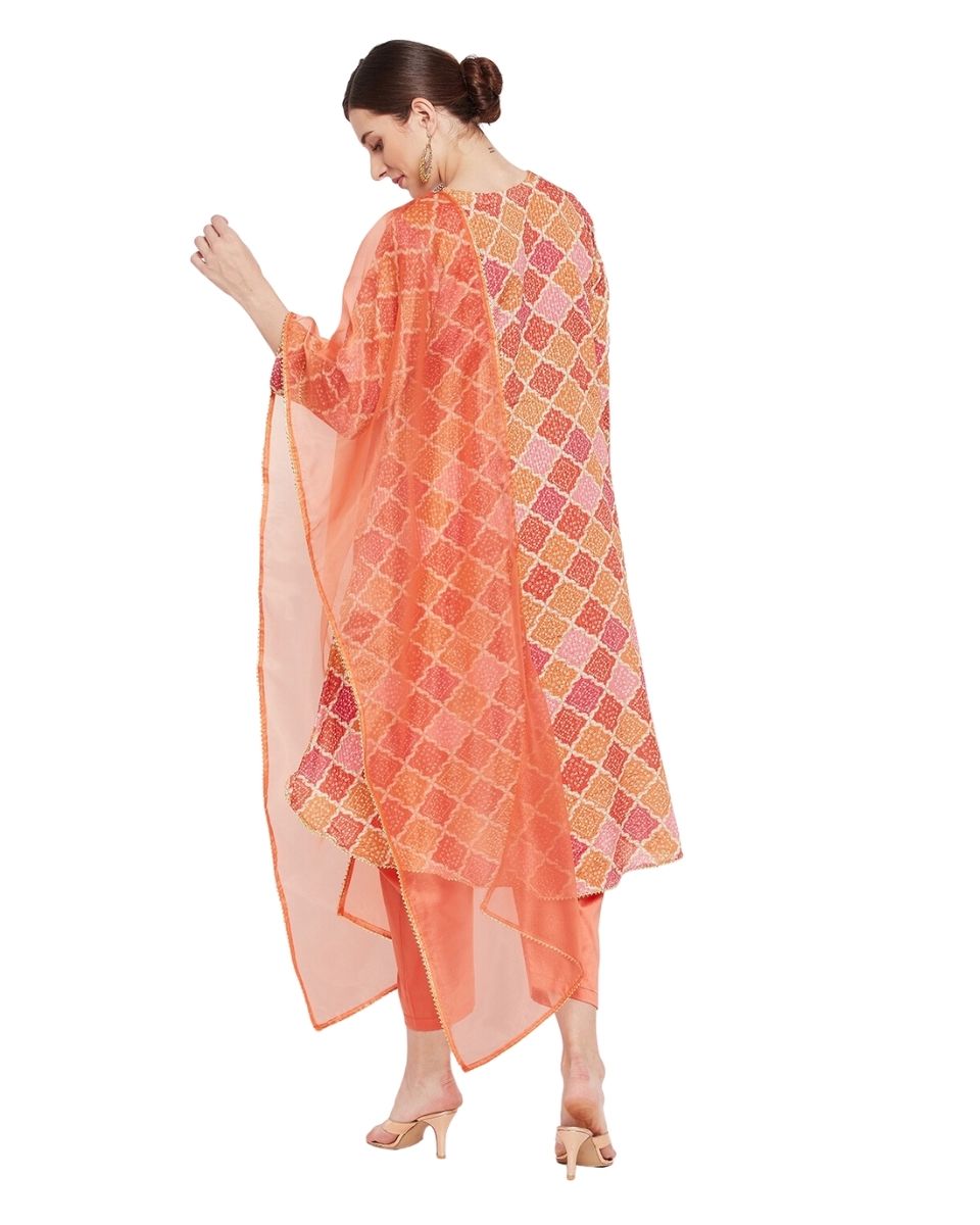Block Printed Orange Chinon Dress for Women