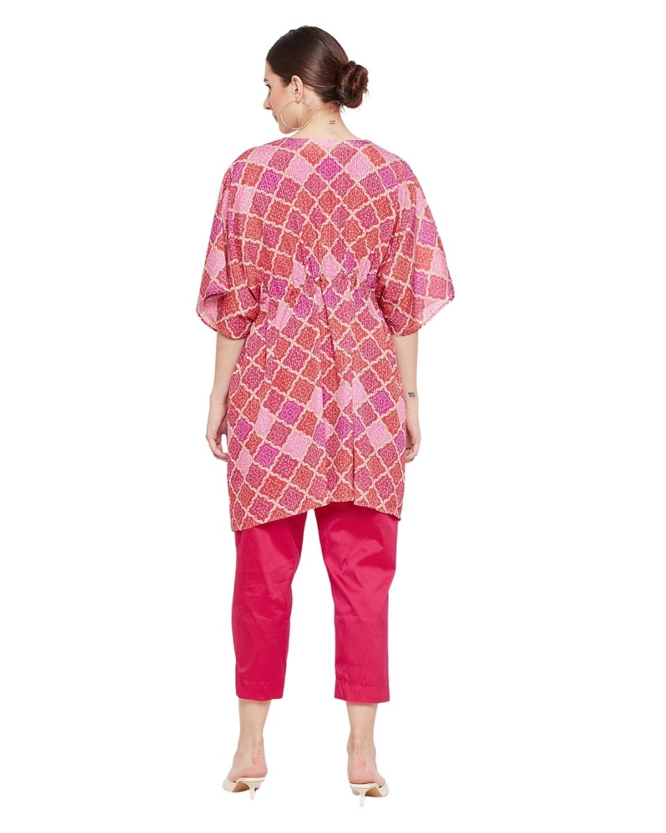 Red And Pink Block Printed Cord Set Dress For Women