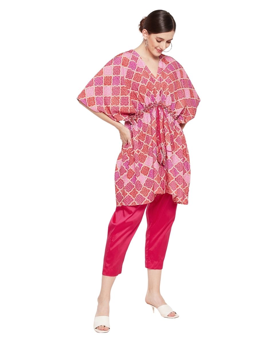 Red And Pink Block Printed Cord Set Dress For Women