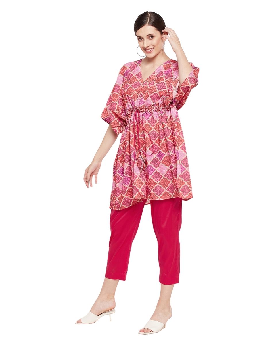 Red And Pink Block Printed Cord Set Dress For Women