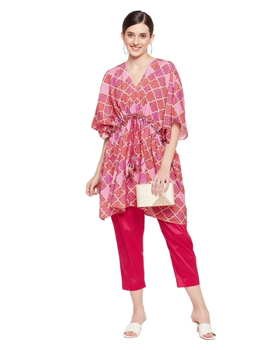 Block Printed Red Chinon Dress for Women