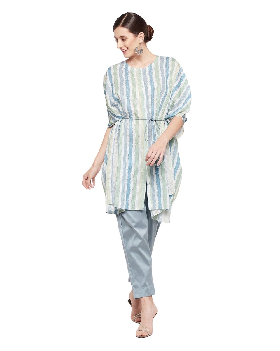 Stripe Printed Silver Gray Chinon Dress For Women