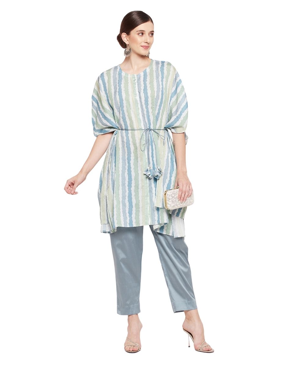 Stripe Printed Silver Gray Chinon Dress For Women