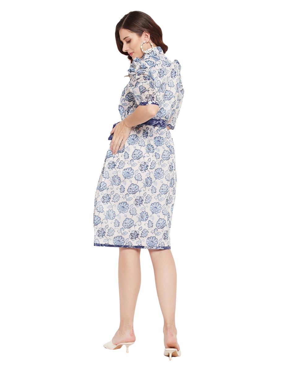 Floral Blue And White Puff Sleeves Shirt Dress With Belt For Women