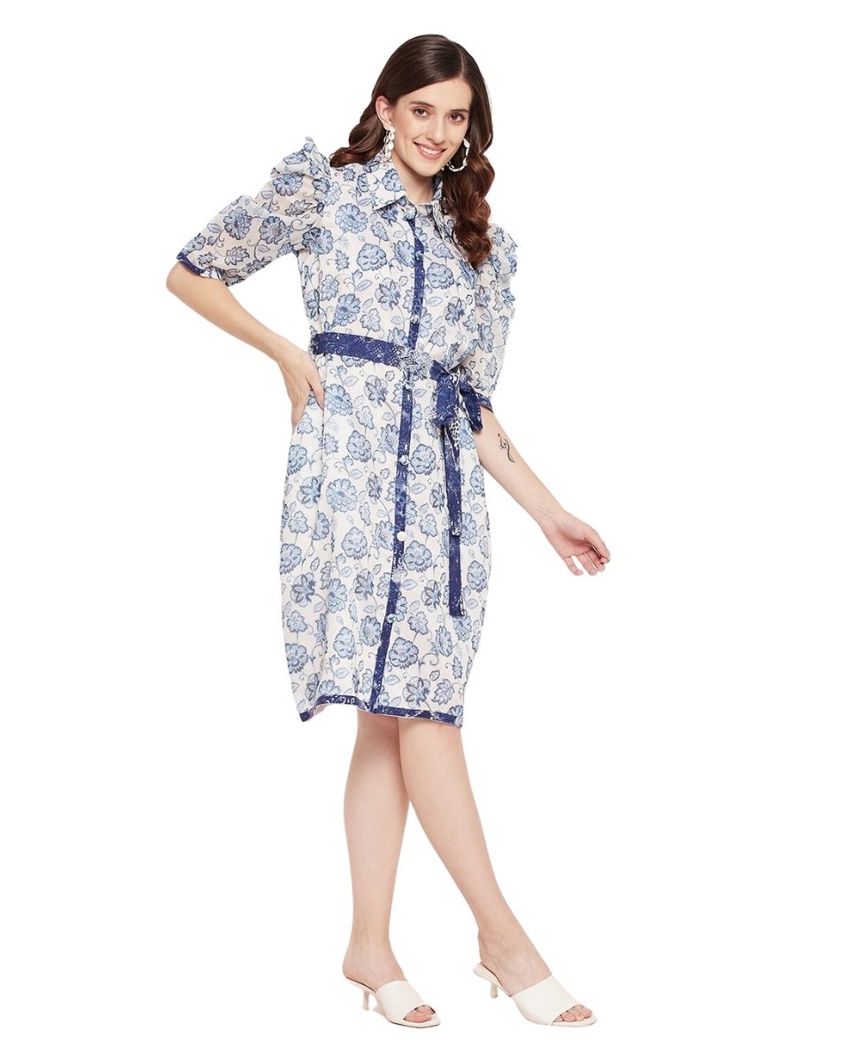 Floral Blue And White Puff Sleeves Shirt Dress With Belt For Women