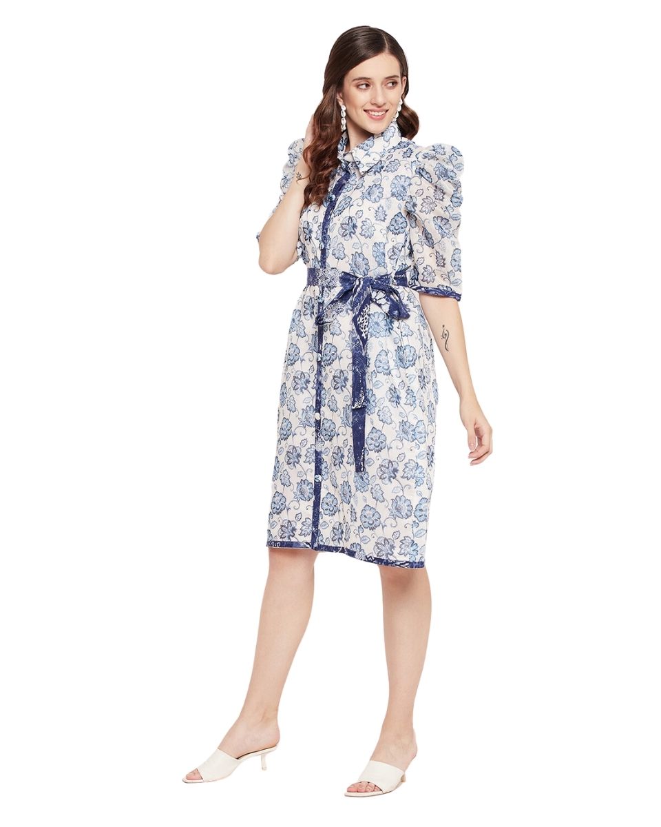 Floral Blue And White Puff Sleeves Shirt Dress With Belt For Women