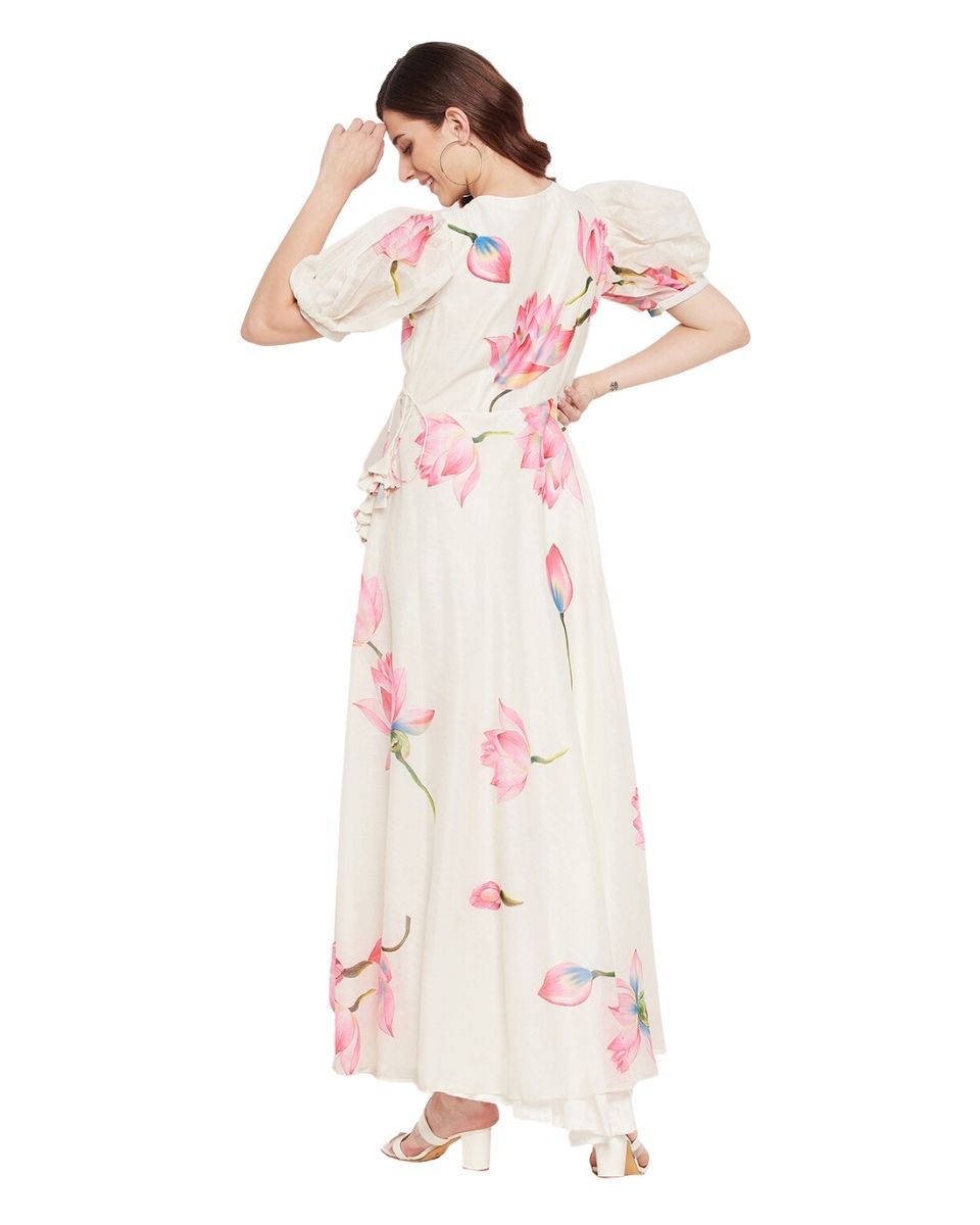 Floral Printed Off-White Chanderi Dress For Women