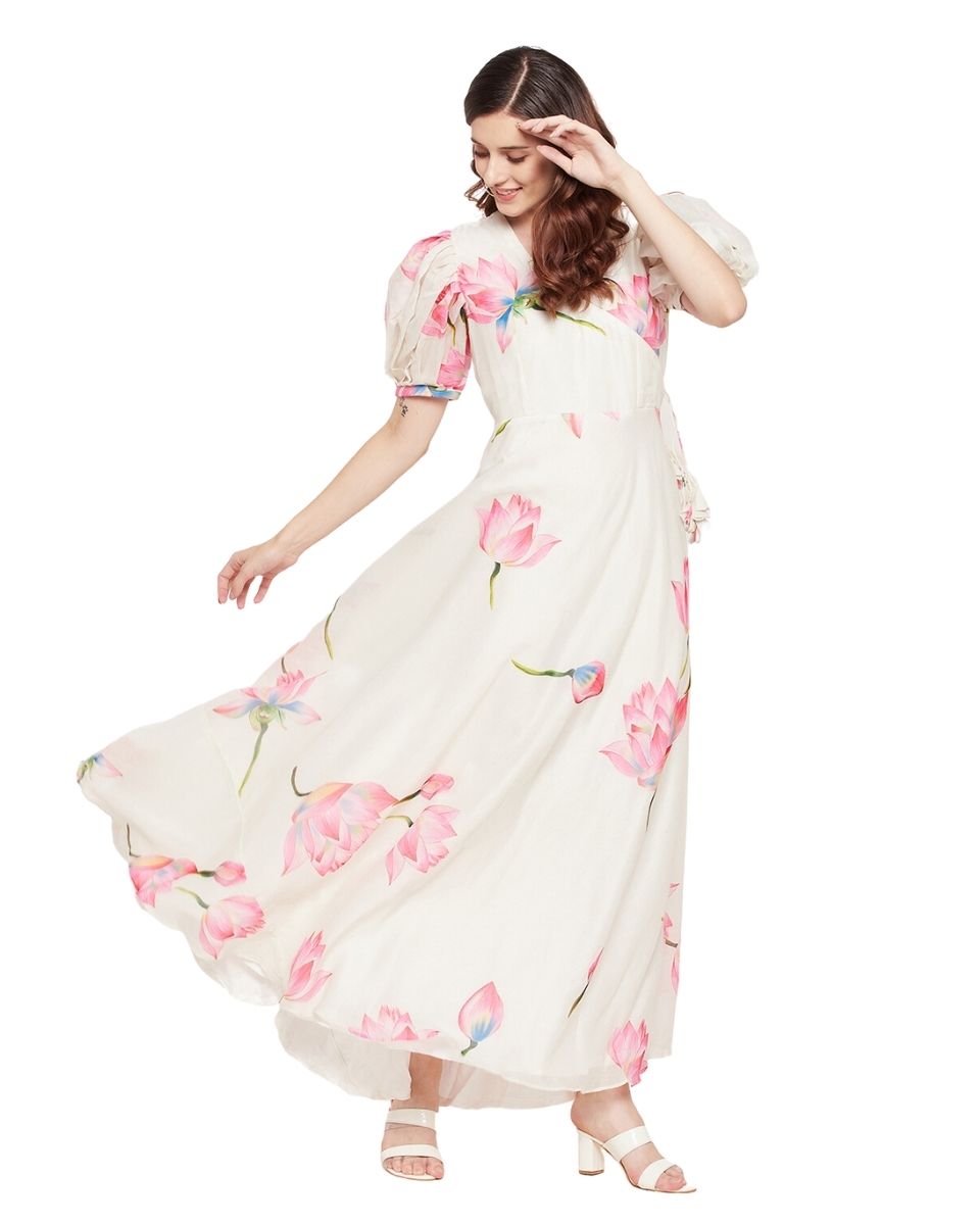 Floral Printed Off-White Chanderi Dress For Women