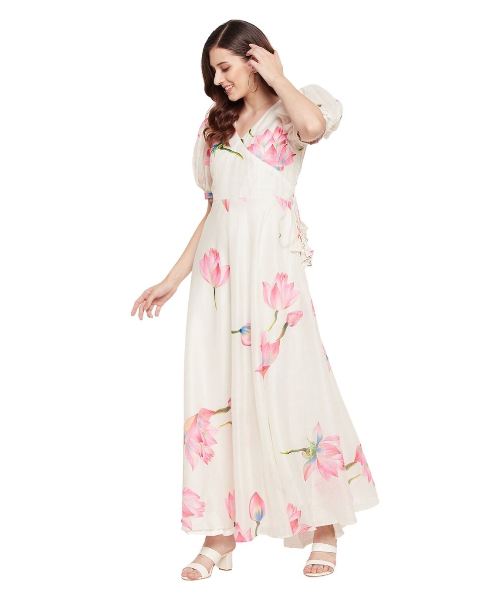 Floral Printed Off-White Chanderi Dress For Women