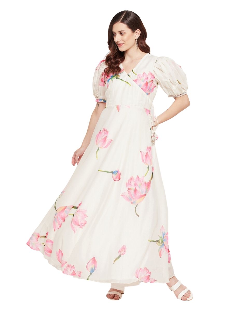 Floral Printed Off-White Chanderi Dress For Women