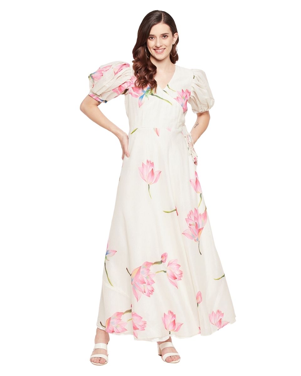 Floral Printed Off-White Chanderi Dress for Women
