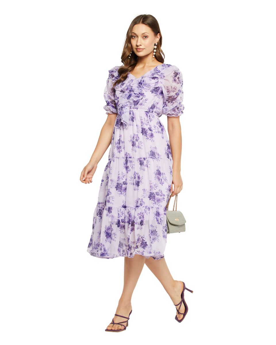 Floral Printed Purple Dress for Women