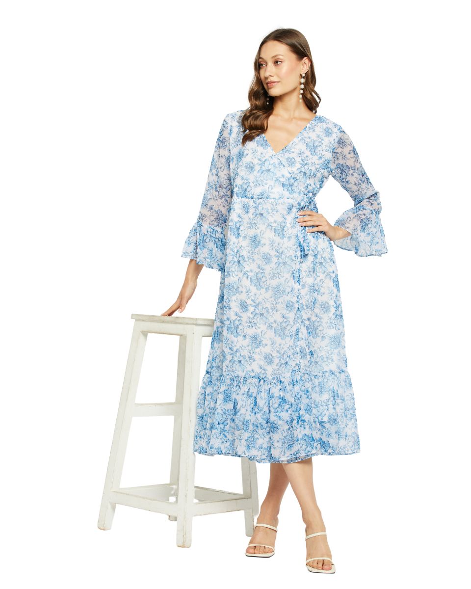 Georgette Fabric Sky Blue Floral Printed Dress For Women