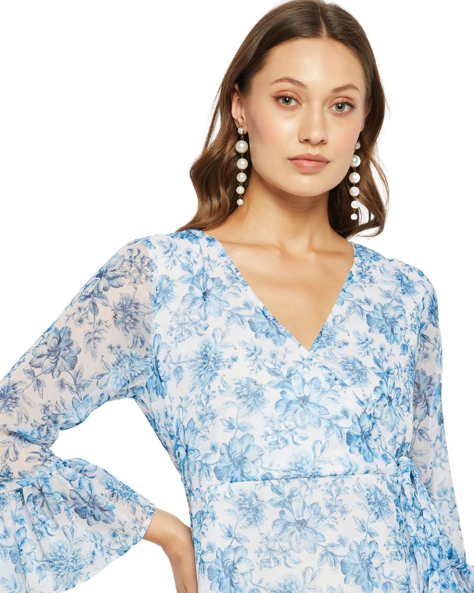 Georgette Fabric Sky Blue Floral Printed Dress For Women