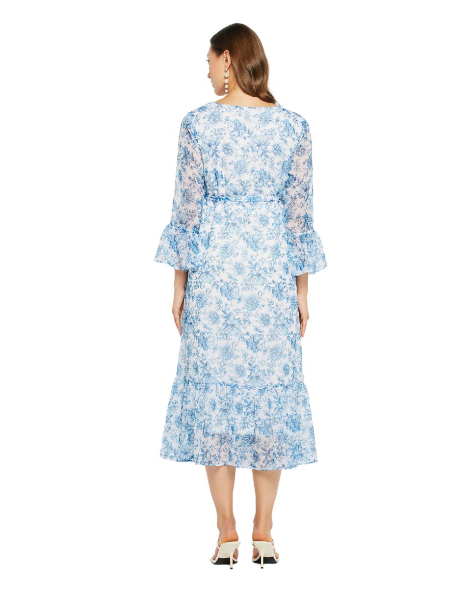 Georgette Fabric Sky Blue Floral Printed Dress For Women