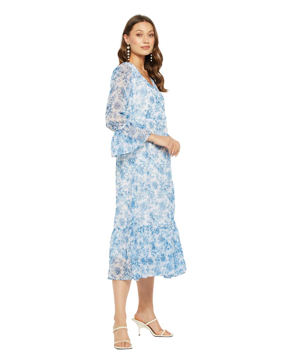 Georgette Fabric Sky Blue Floral Printed Dress For Women