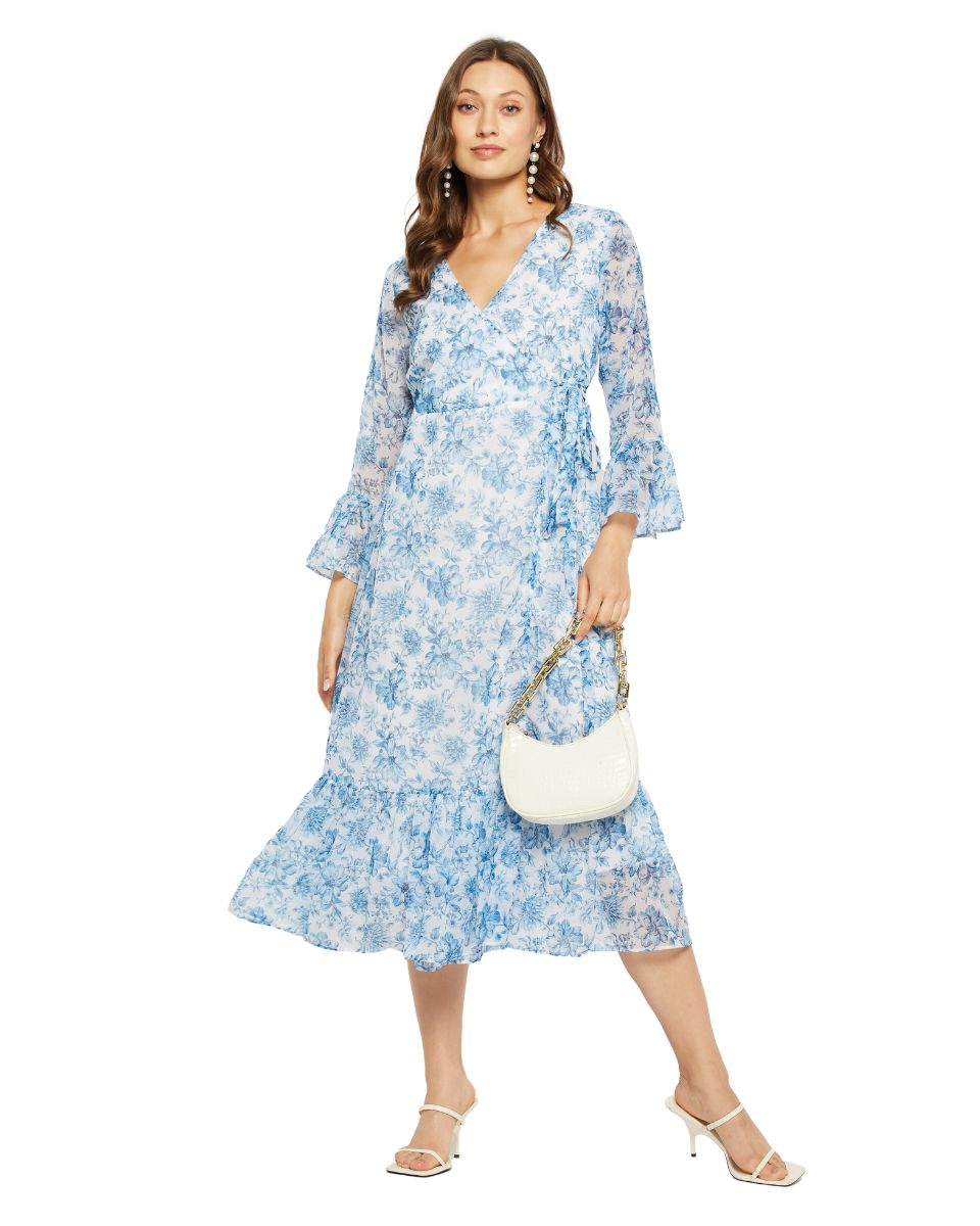 Georgette Fabric Sky Blue Floral Printed Dress For Women