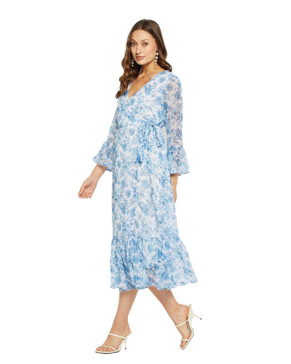 Georgette Fabric Sky Blue Floral Printed Dress For Women