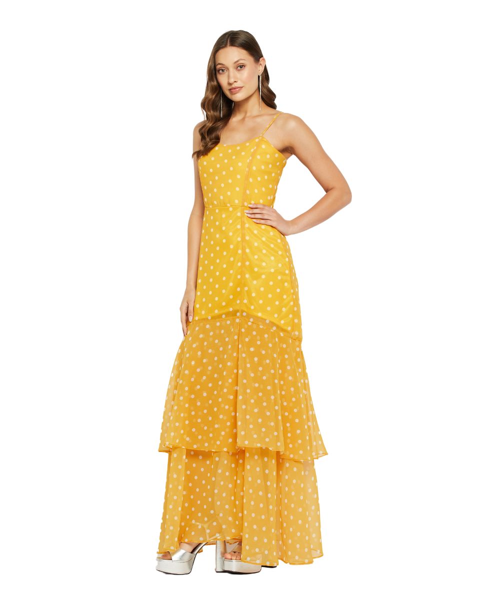 Polka Dot Printed Yellow Georgette Dress For Women