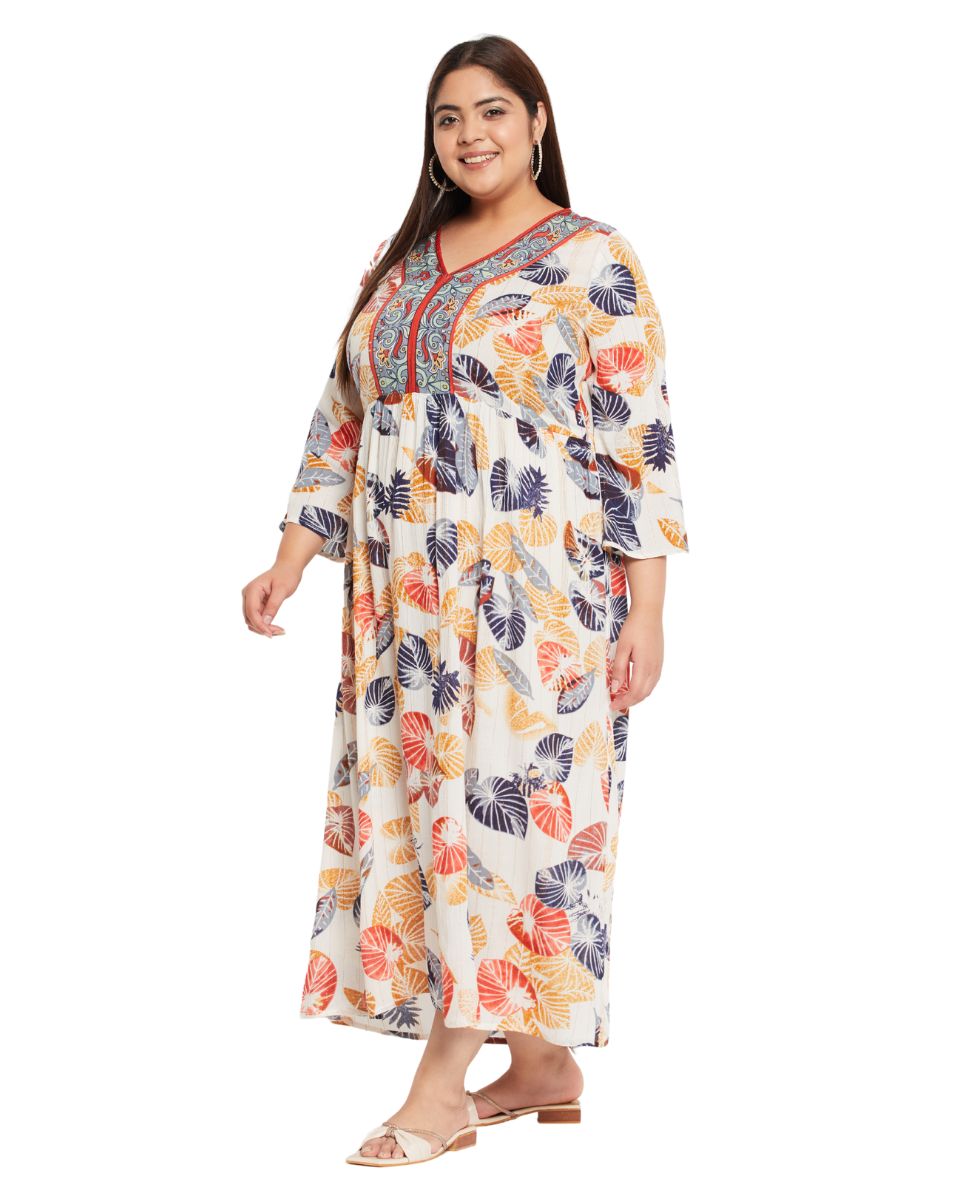 Leaf Printed White and Rust Rayon Dress for Women