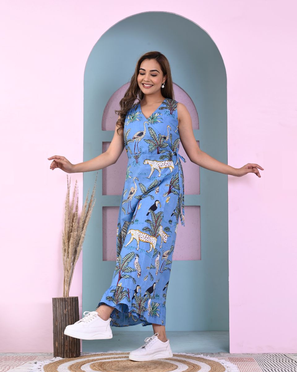 Azure Blue Tropical Printed Cotton Dress For Women