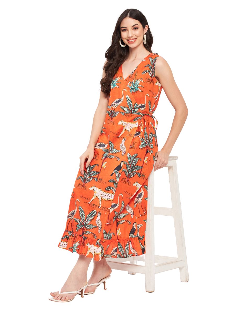 Orange Tropical Printed Cotton Dress For Women