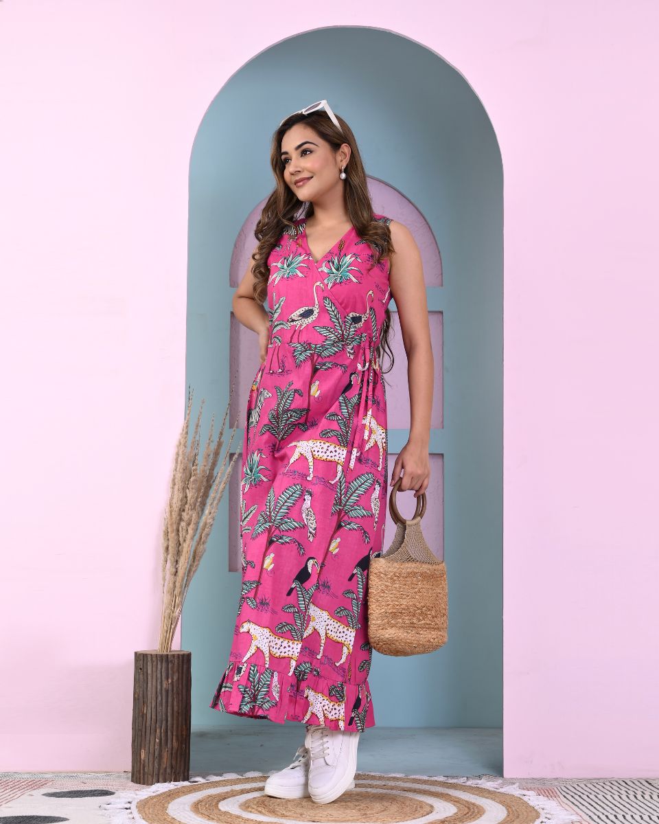 Deep Pink Tropical Printed Cotton Dress For Women