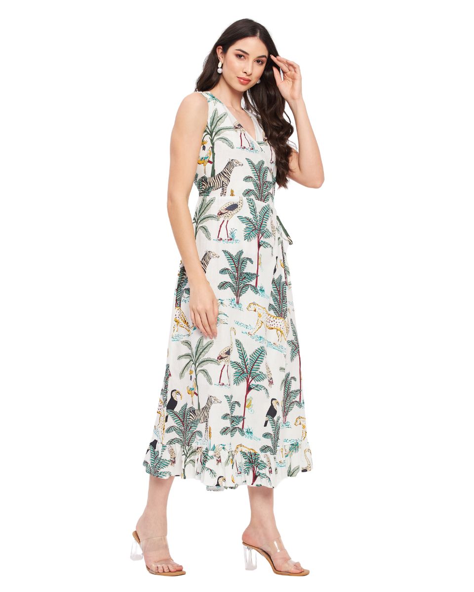 White Tropical Printed Cotton Dress For Women