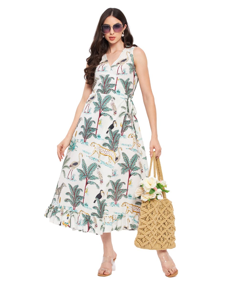 White Tropical Printed Cotton Dress For Women