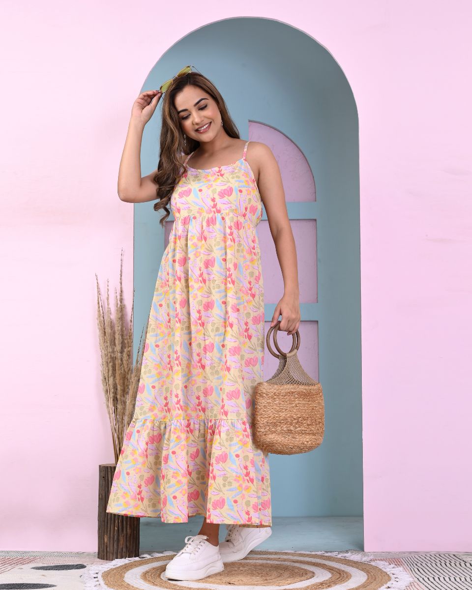 Yellow Cotton Strap Floral Printed Dress For Women