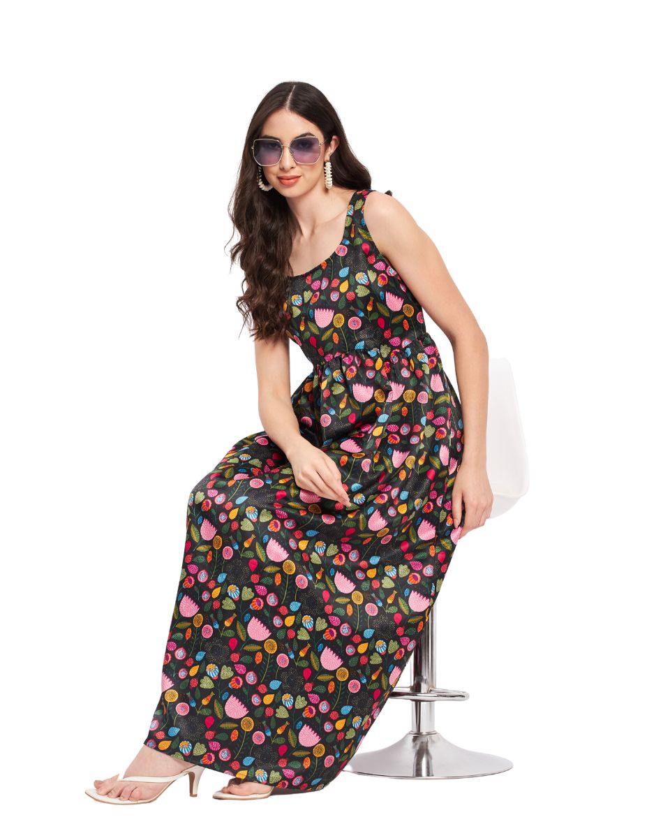 Madhubani Floral Printed Multicolor Polyester Dress For Women