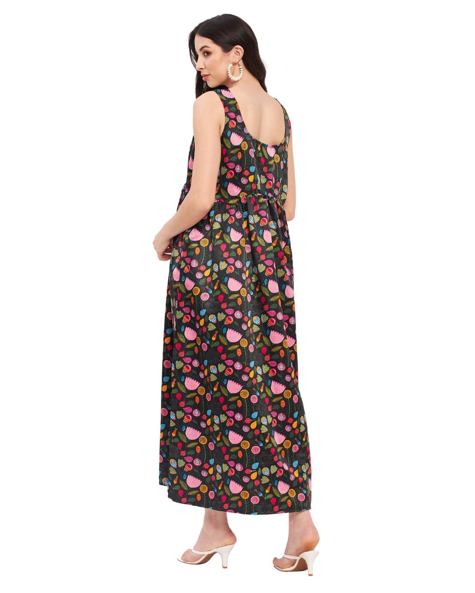 Madhubani Floral Printed Multicolor Polyester Dress For Women