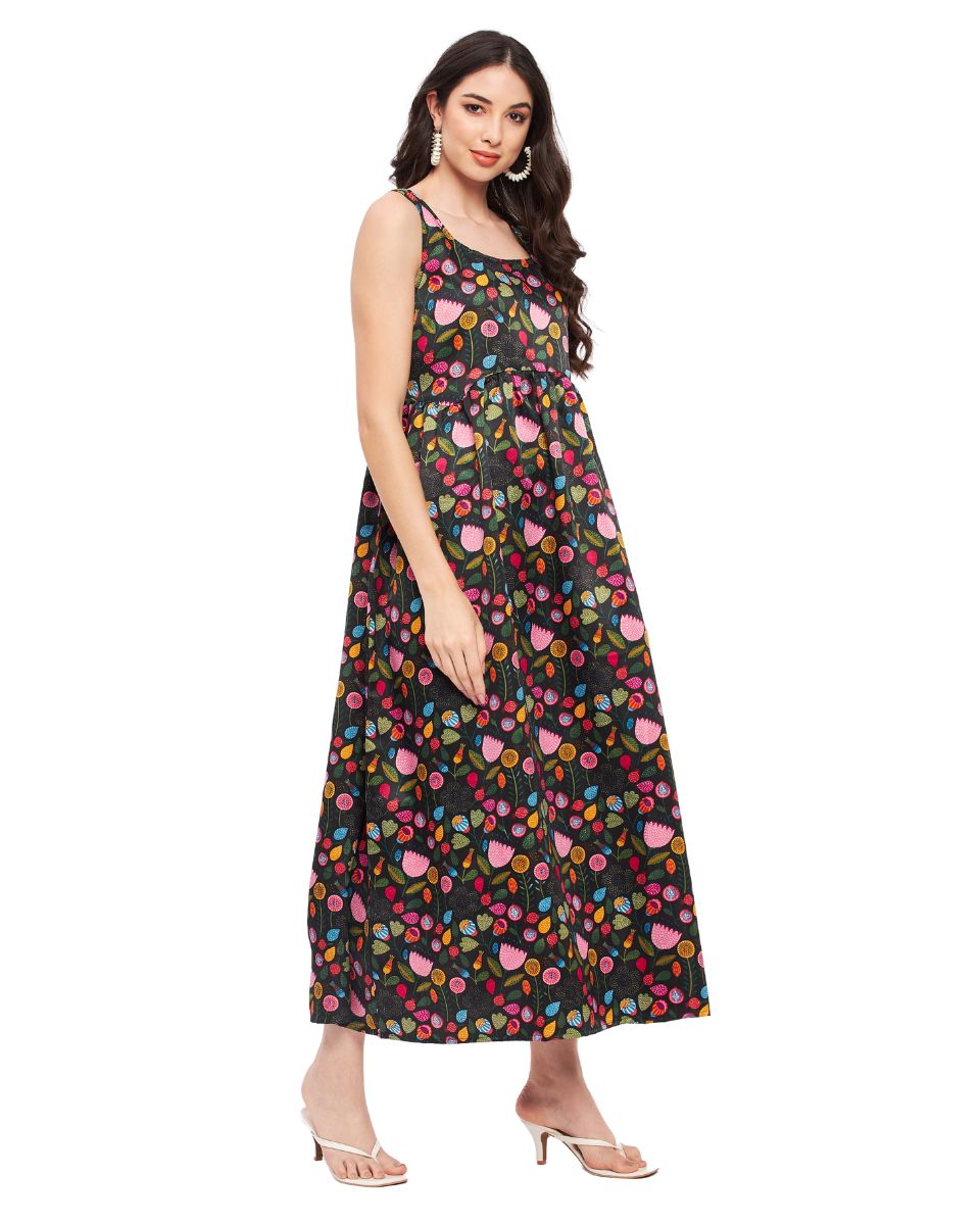 Madhubani Floral Printed Multicolor Polyester Dress For Women