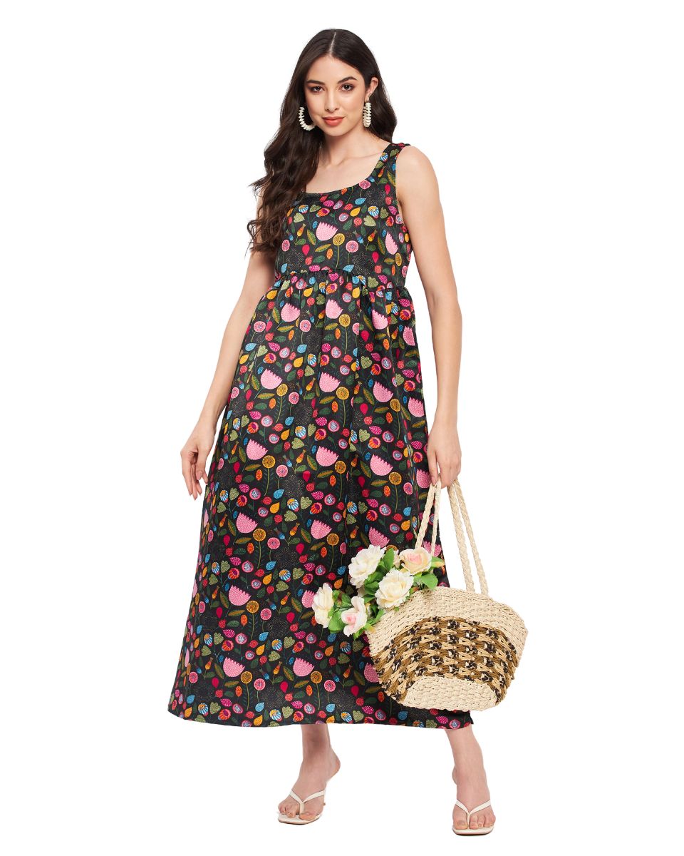 Madhubani Floral Printed Multicolor Polyester Dress For Women