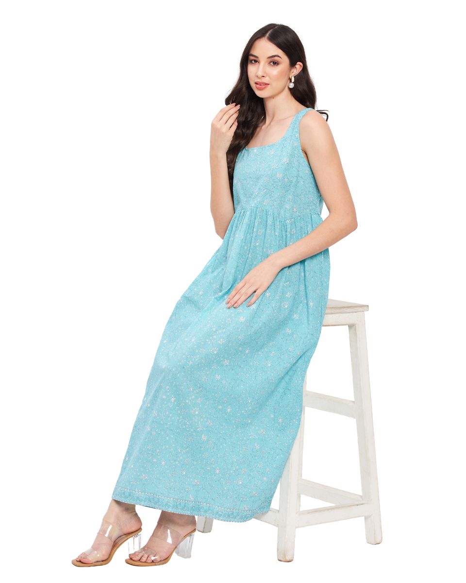 Blue Cotton Floral Printed Turquoise Dress For Women