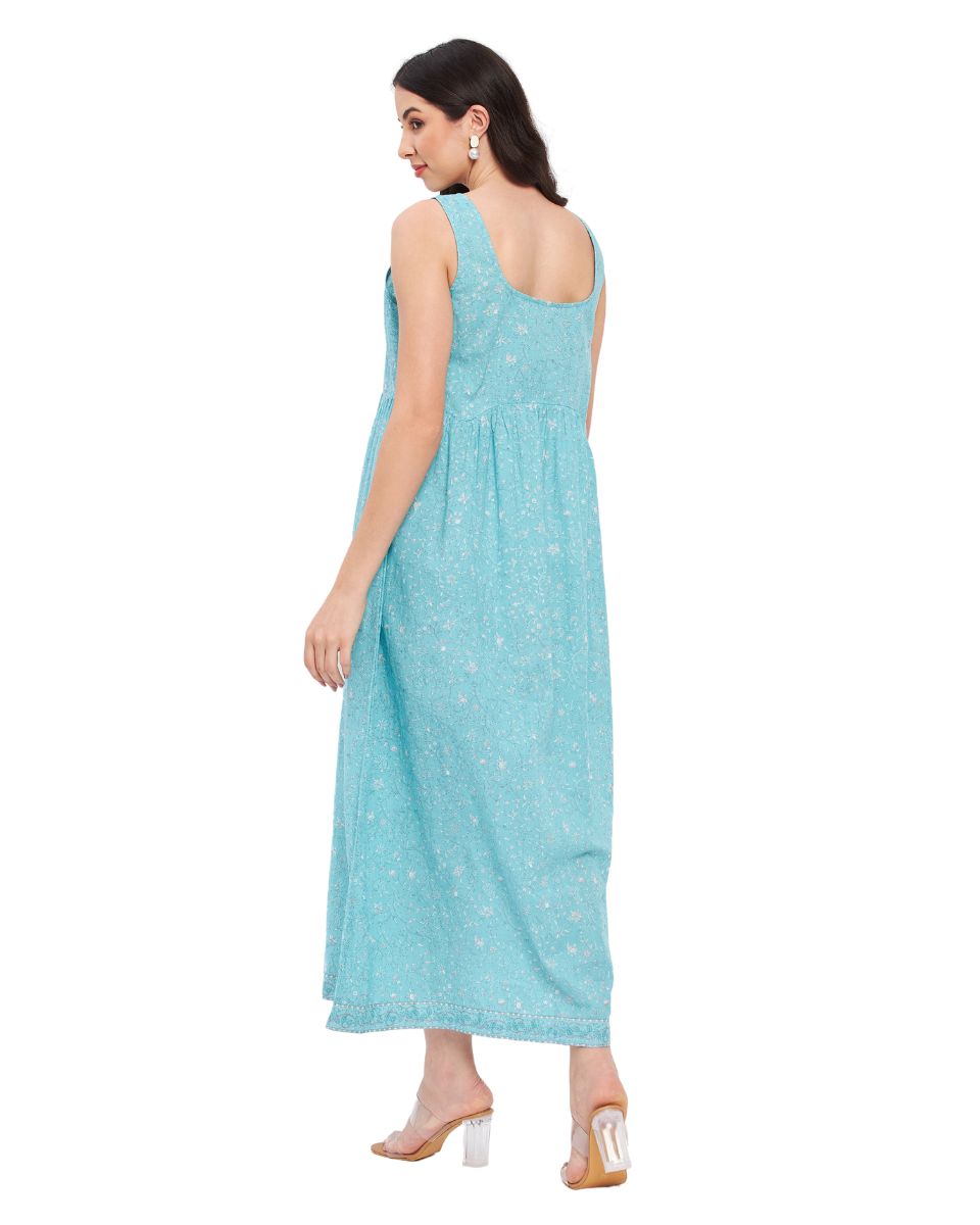 Blue Cotton Floral Printed Turquoise Dress For Women