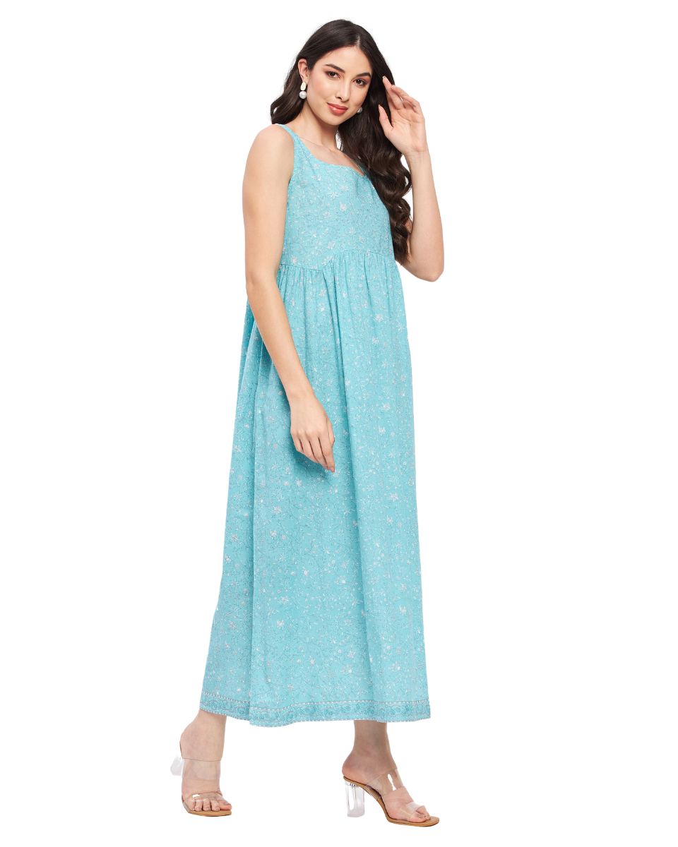 Blue Cotton Floral Printed Turquoise Dress For Women