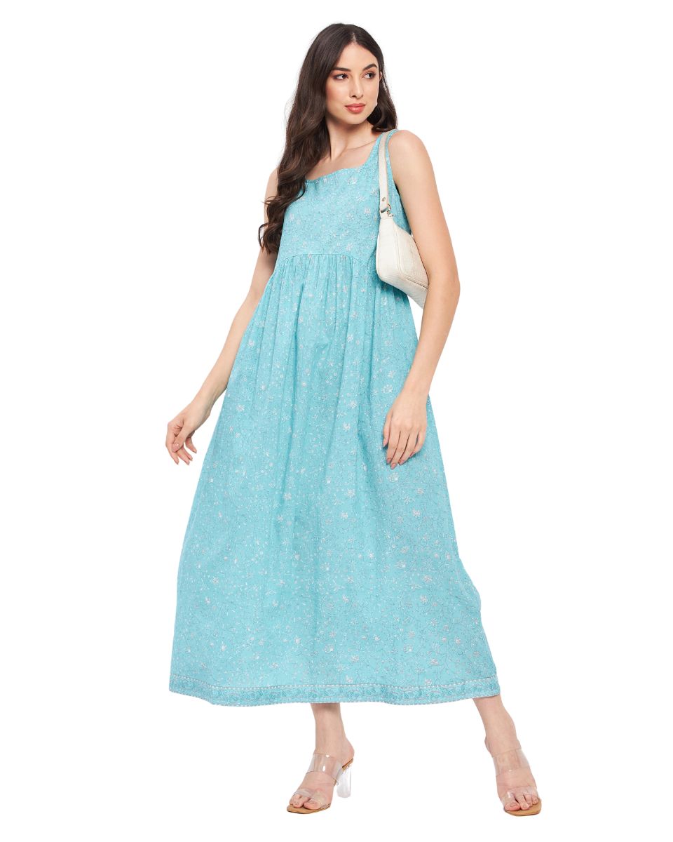 Blue Cotton Floral Printed Turquoise Dress For Women