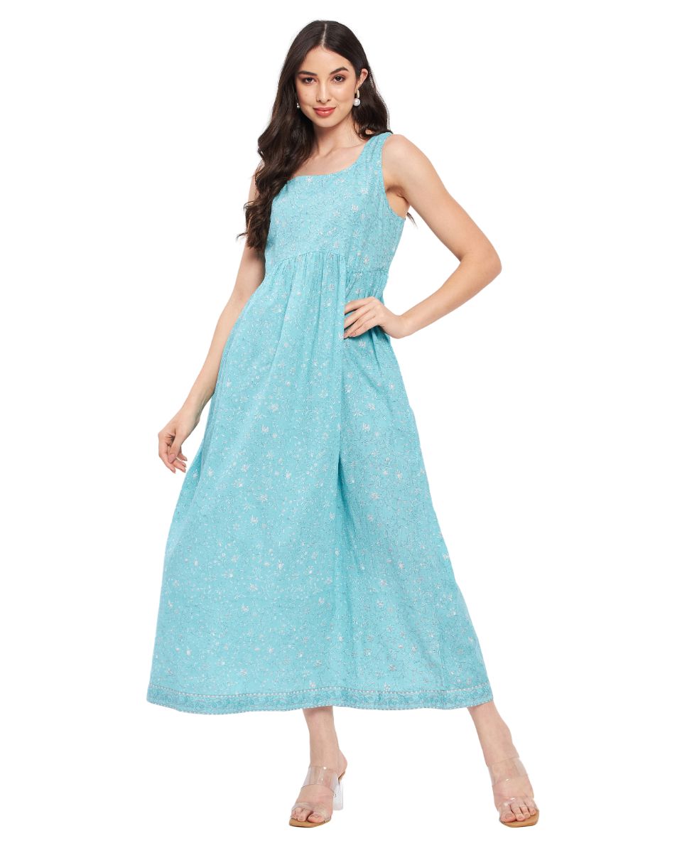 Floral Printed Turquoise Cotton Dress for Women