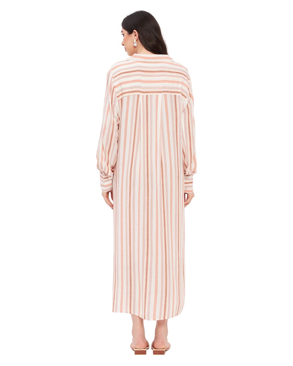 Striped Printed White And Rust Cotton Rayon Dress For Women