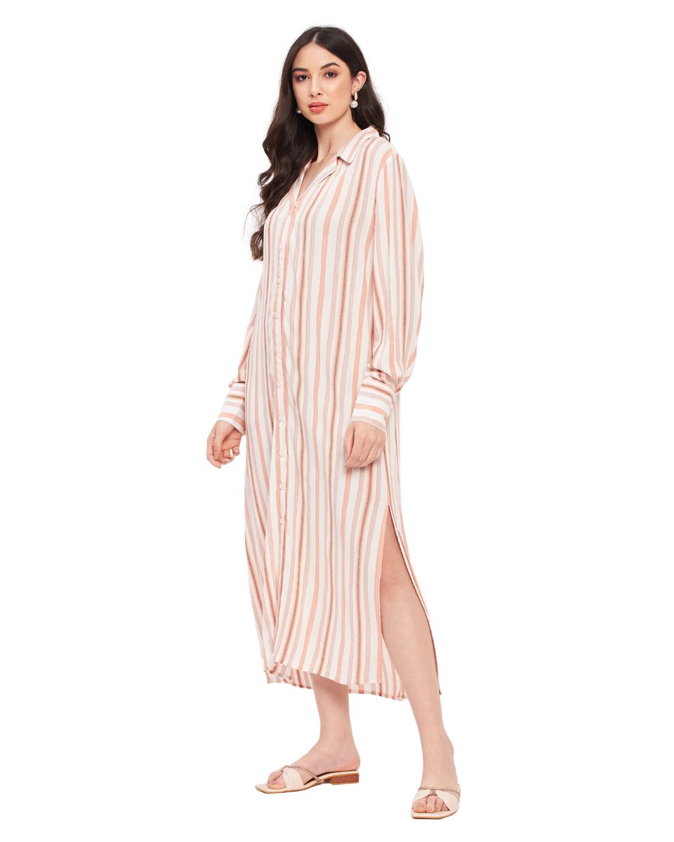 Striped Printed White And Rust Cotton Rayon Dress For Women