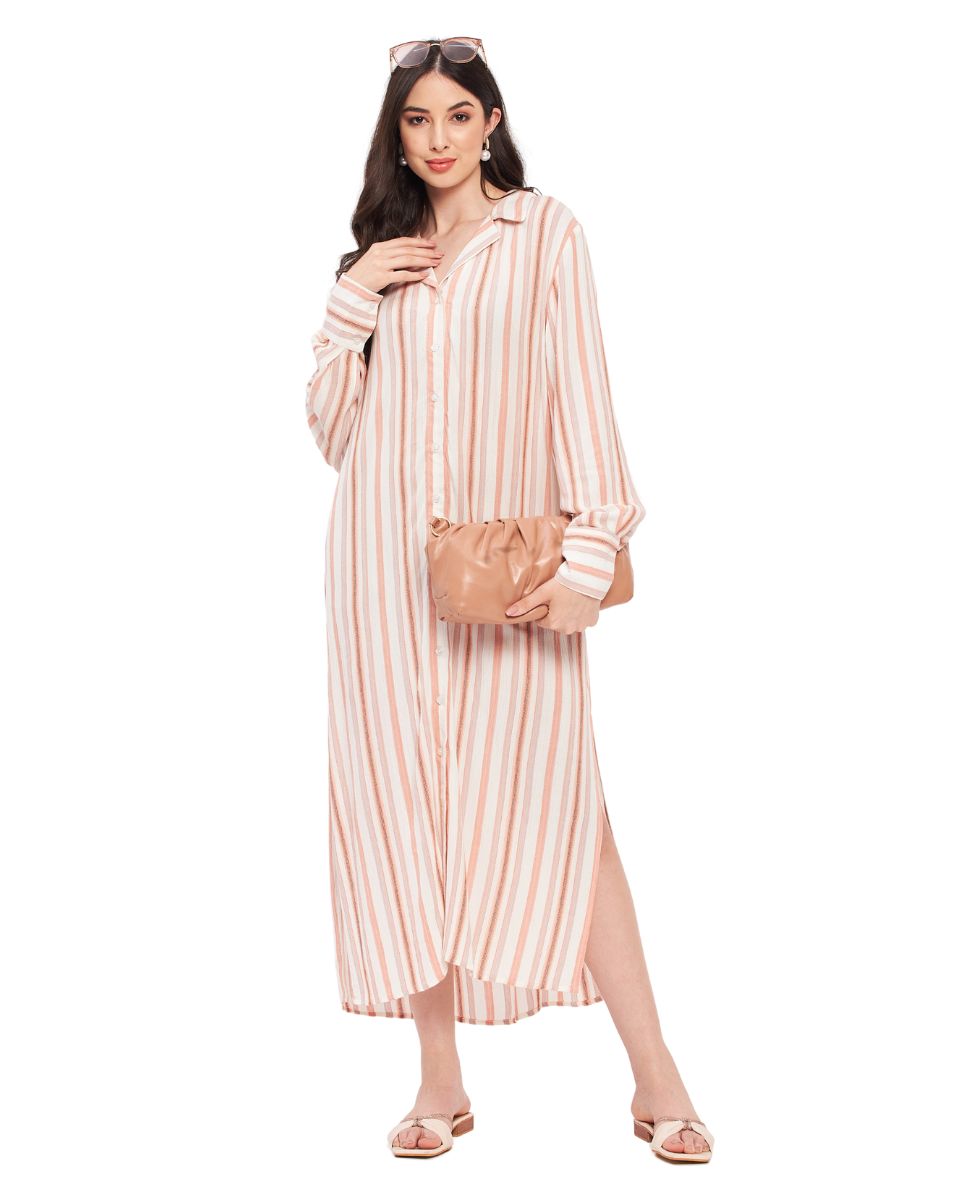 Striped Printed White And Rust Cotton Rayon Dress For Women