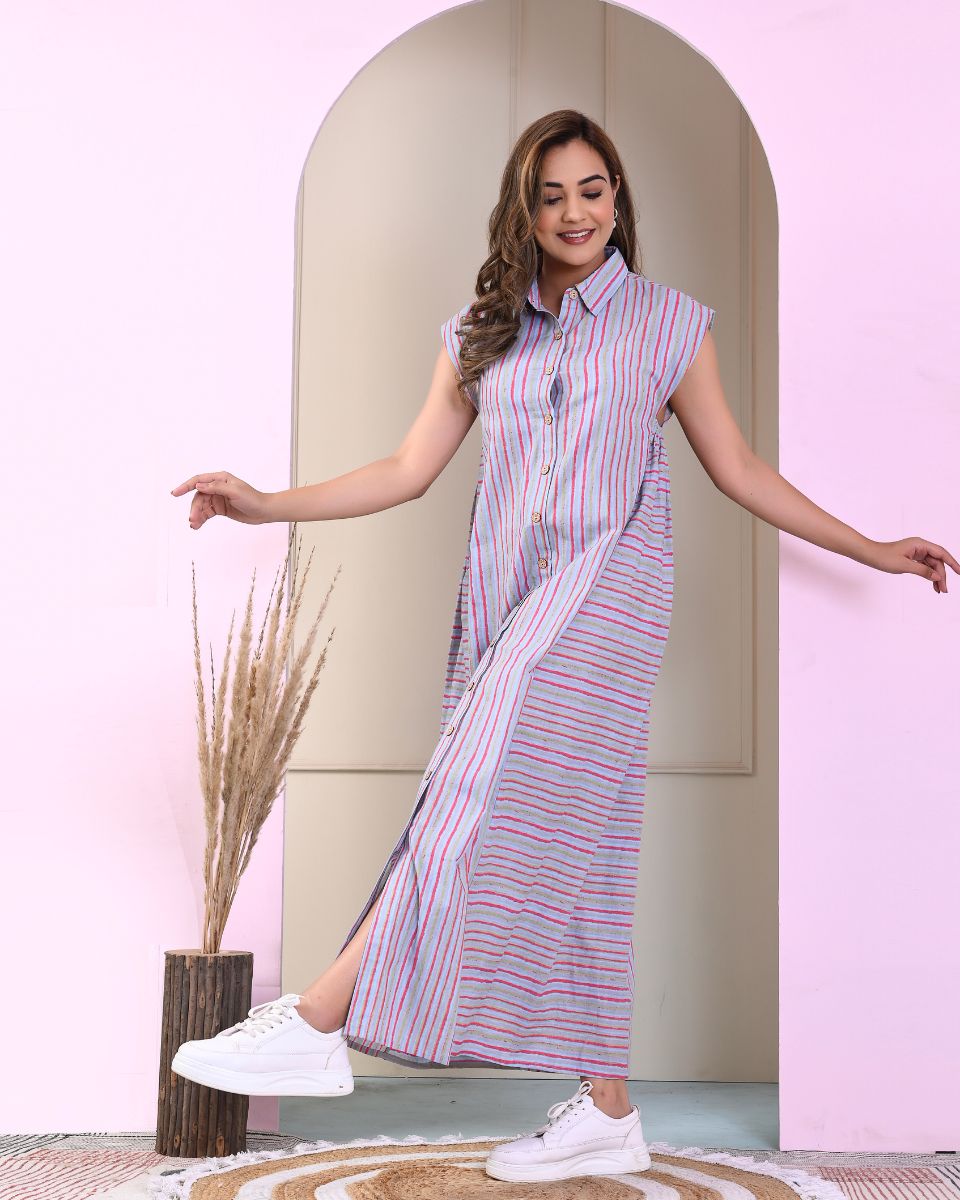 Striped Printed Gray Cotton Dress With Front Bottons For Women